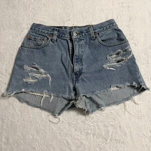 Levi's 550 Denim Shorts Women 8 Blue Distressed High Rise Raw Hem Cut Off Summer